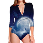 Night Sky Full Moon Print Long Sleeve Swimsuit