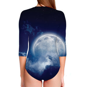 Night Sky Full Moon Print Long Sleeve Swimsuit