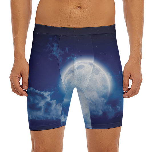 Night Sky Full Moon Print Men's Long Boxer Briefs