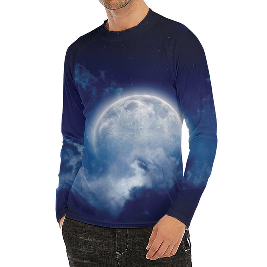 Night Sky Full Moon Print Men's Long Sleeve Rash Guard