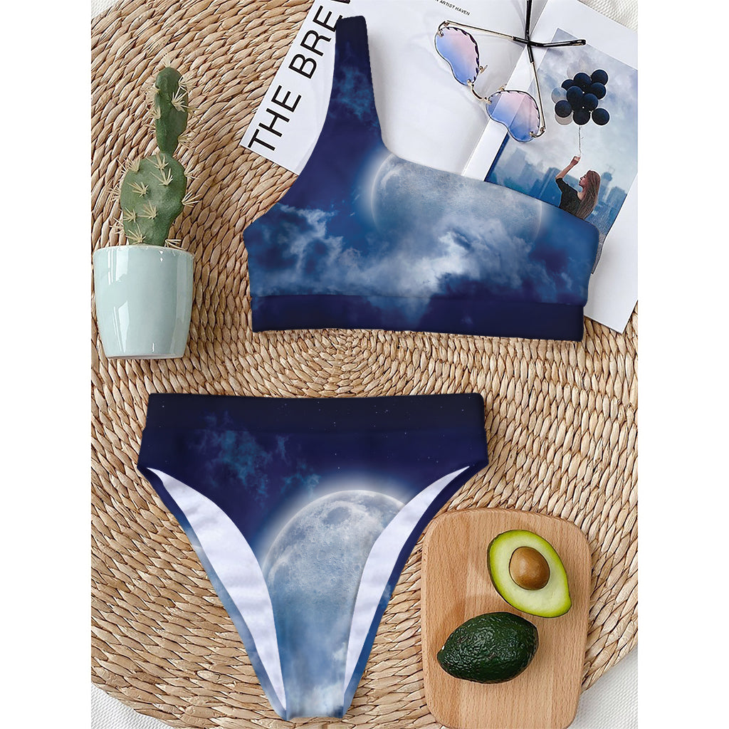 Night Sky Full Moon Print One Shoulder Bikini Top