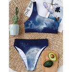 Night Sky Full Moon Print One Shoulder Bikini Top