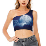 Night Sky Full Moon Print One Shoulder Crop Top