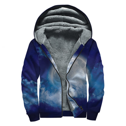Night Sky Full Moon Print Sherpa Lined Zip Up Hoodie
