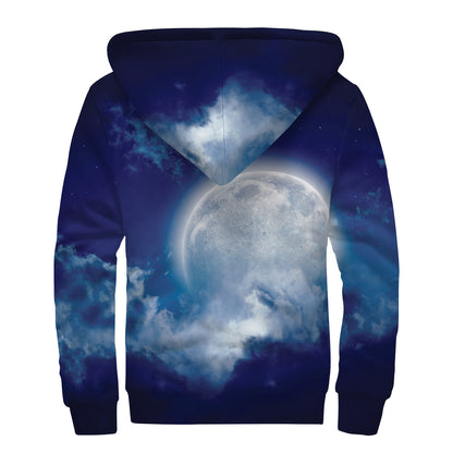 Night Sky Full Moon Print Sherpa Lined Zip Up Hoodie