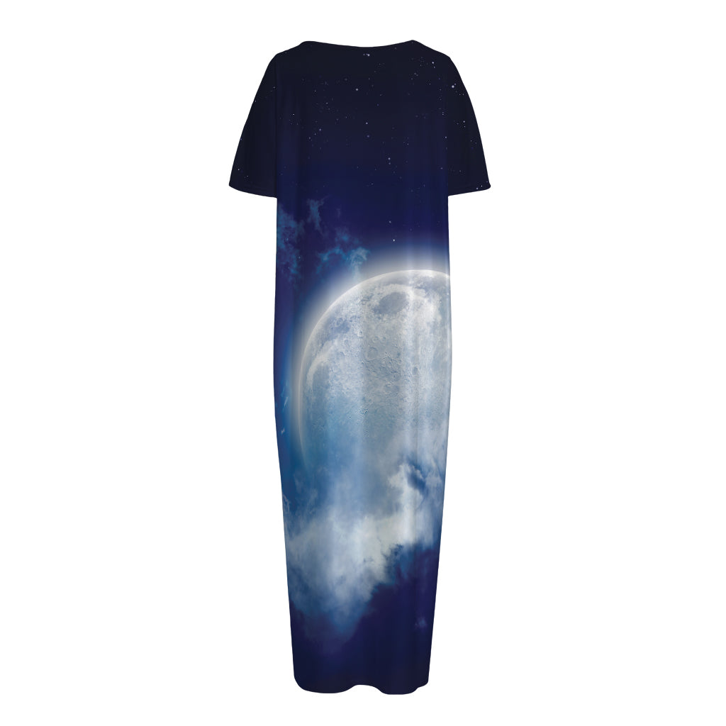 Night Sky Full Moon Print Short Sleeve Long Nightdress