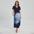 Night Sky Full Moon Print Short Sleeve Maxi Dress