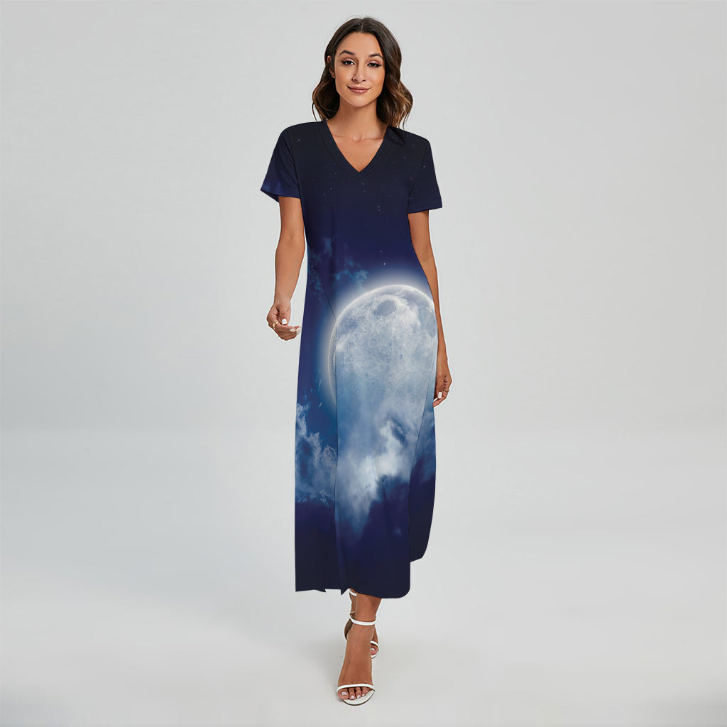 Night Sky Full Moon Print Short Sleeve Maxi Dress