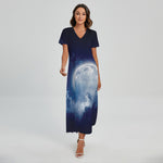 Night Sky Full Moon Print Short Sleeve Maxi Dress