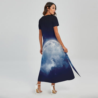 Night Sky Full Moon Print Short Sleeve Maxi Dress