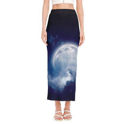 Night Sky Full Moon Print Side Slit Maxi Skirt