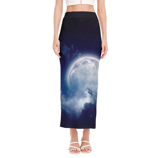 Night Sky Full Moon Print Side Slit Maxi Skirt