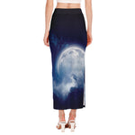 Night Sky Full Moon Print Side Slit Maxi Skirt