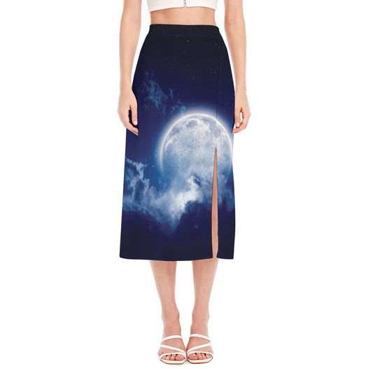 Night Sky Full Moon Print Side Slit Midi Skirt