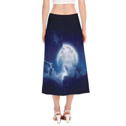 Night Sky Full Moon Print Side Slit Midi Skirt
