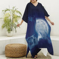 Night Sky Full Moon Print Silk V-Neck Kaftan Dress