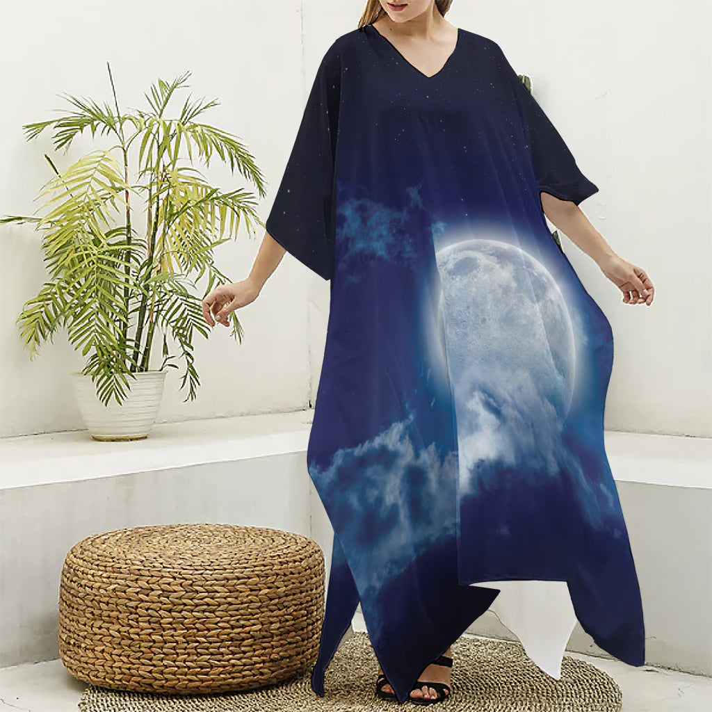 Night Sky Full Moon Print Silk V-Neck Kaftan Dress