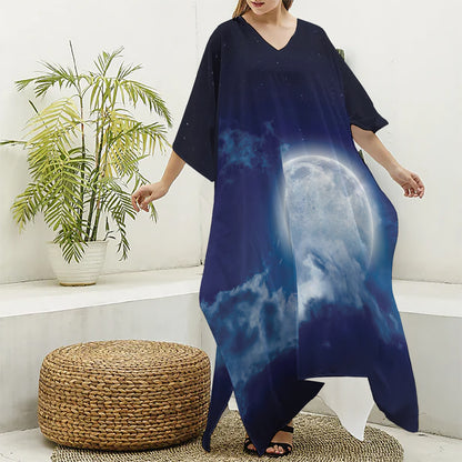 Night Sky Full Moon Print Silk V-Neck Kaftan Dress