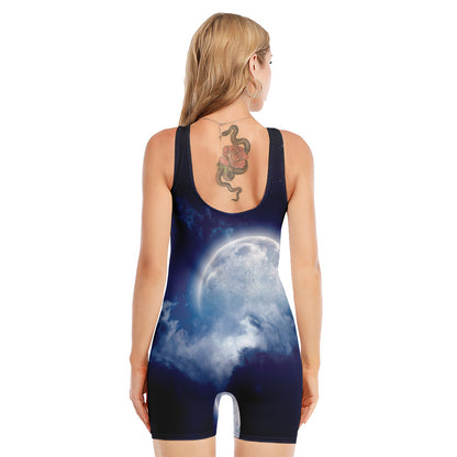 Night Sky Full Moon Print Sleeveless One Piece Swimsuit