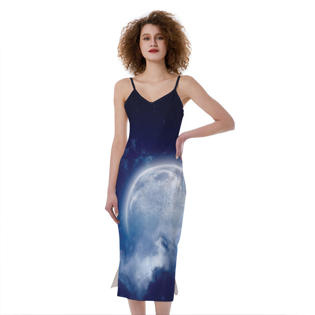 Night Sky Full Moon Print Slim Fit Midi Cami Dress