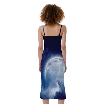 Night Sky Full Moon Print Slim Fit Midi Cami Dress