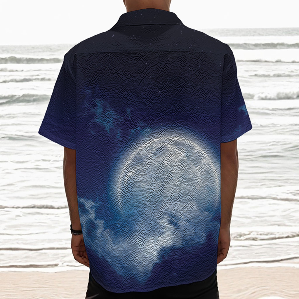 Night Sky Full Moon Print Textured Short Sleeve Shirt