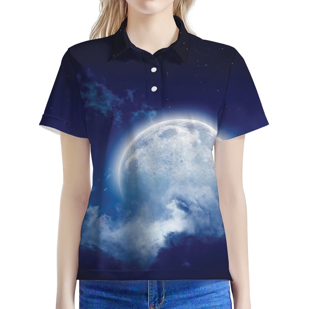 Night Sky Full Moon Print Women's Polo Shirt