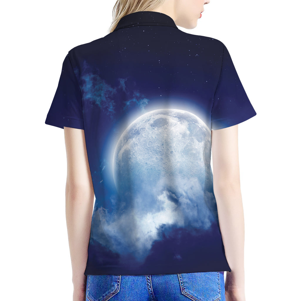 Night Sky Full Moon Print Women's Polo Shirt