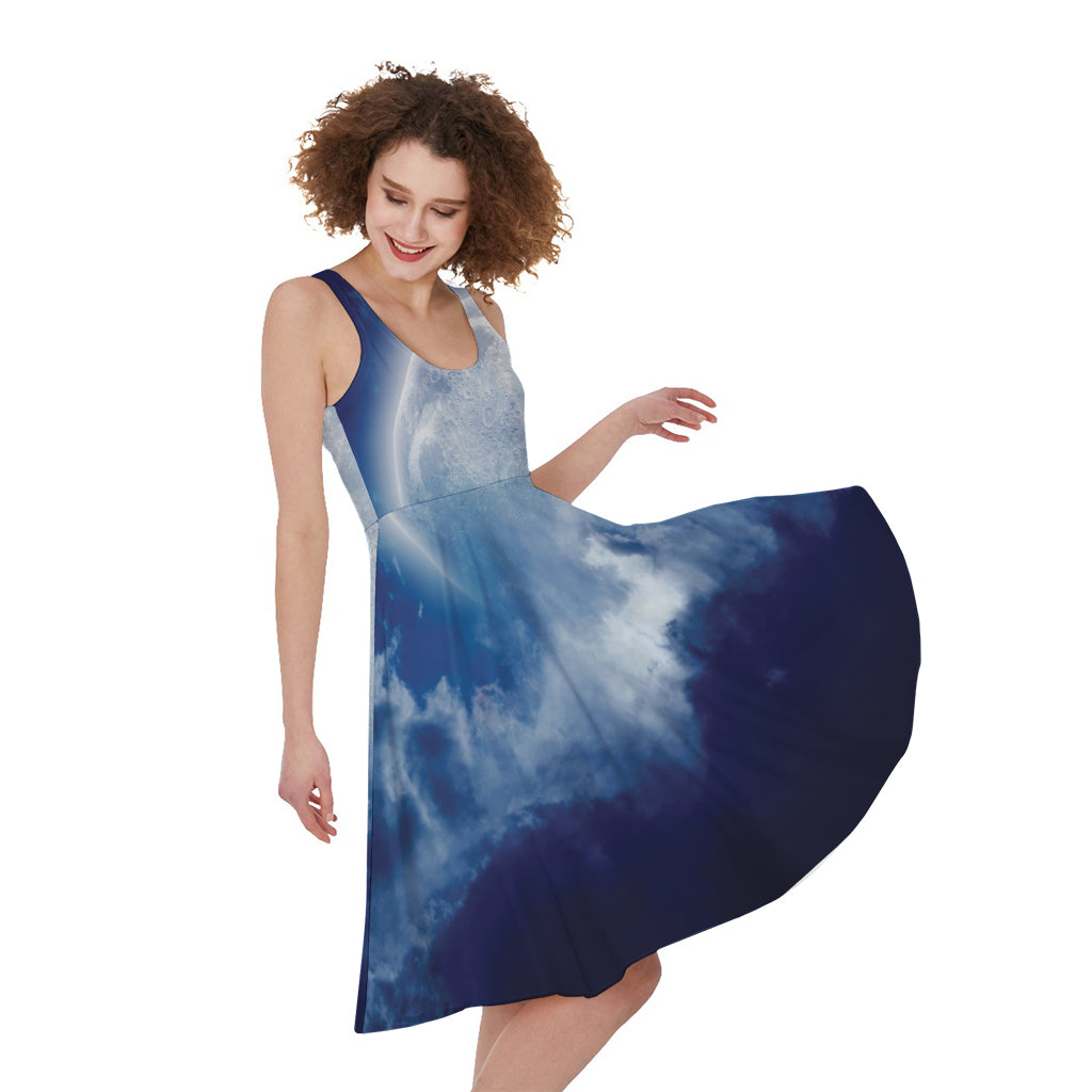 Night Sky Full Moon Print Women's Sleeveless Dress