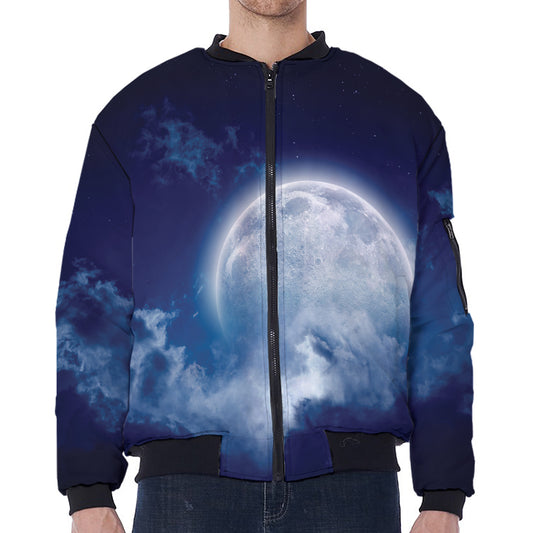 Night Sky Full Moon Print Zip Sleeve Bomber Jacket