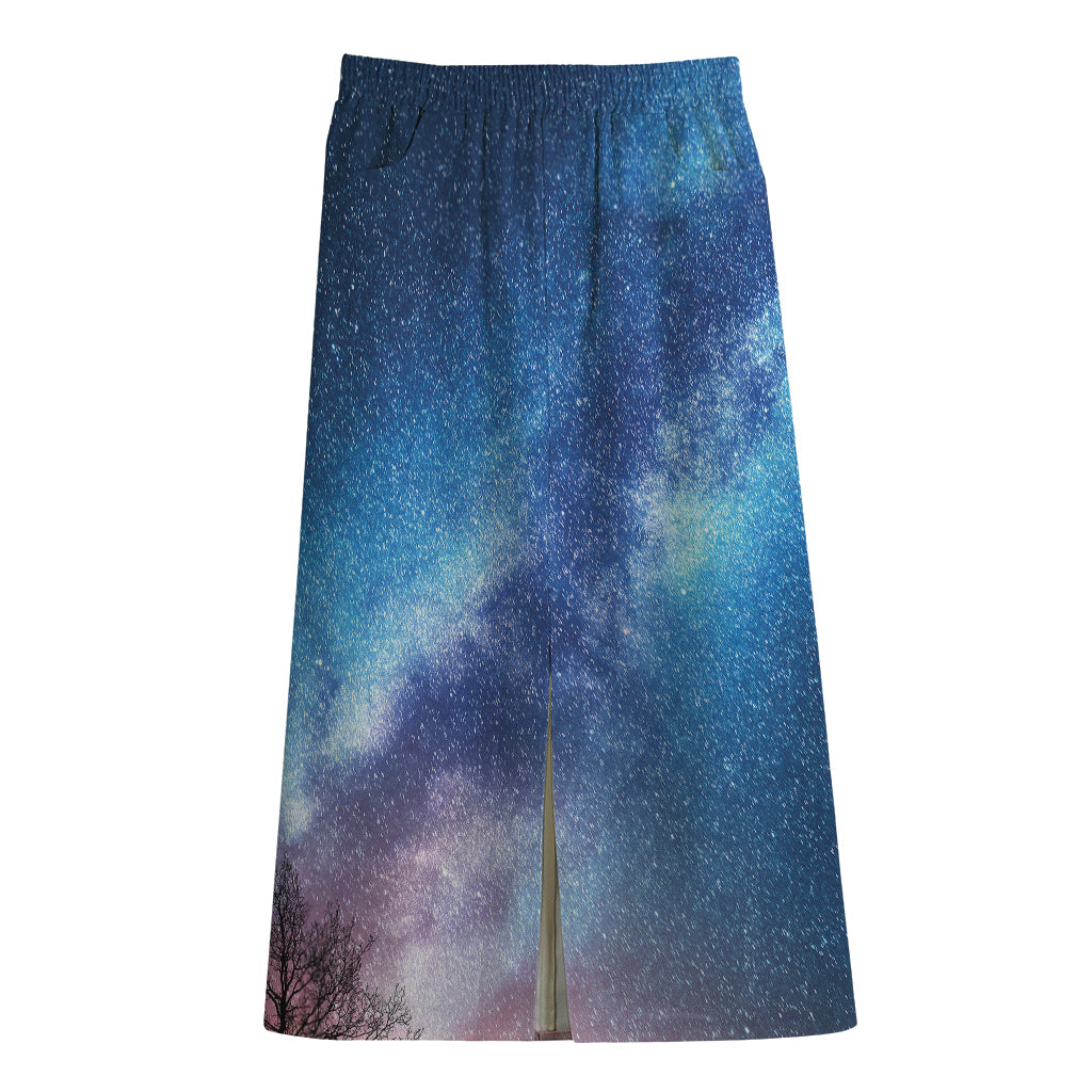 Night Sky Milky Way Print Cotton Front Slit Maxi Skirt