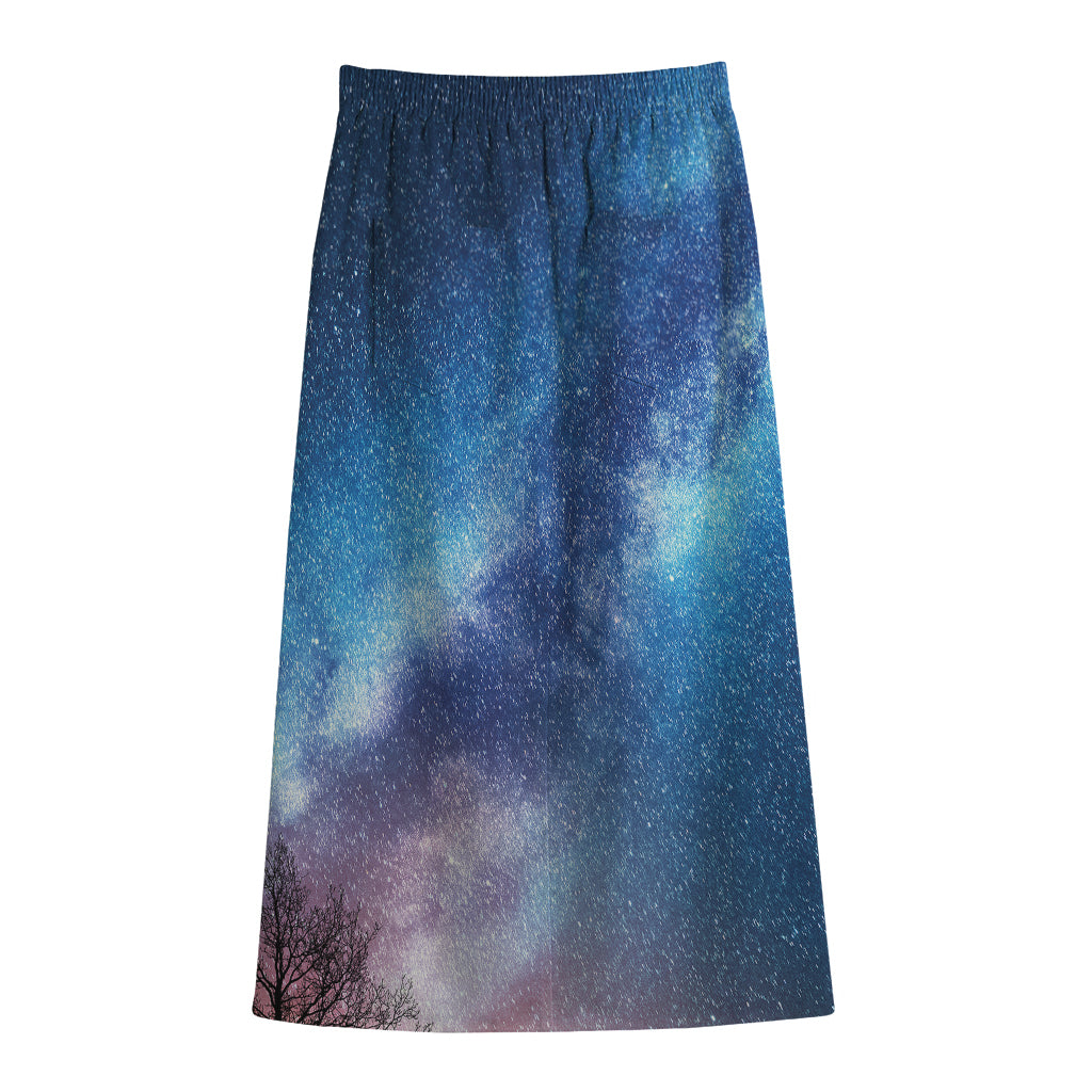 Night Sky Milky Way Print Cotton Front Slit Maxi Skirt