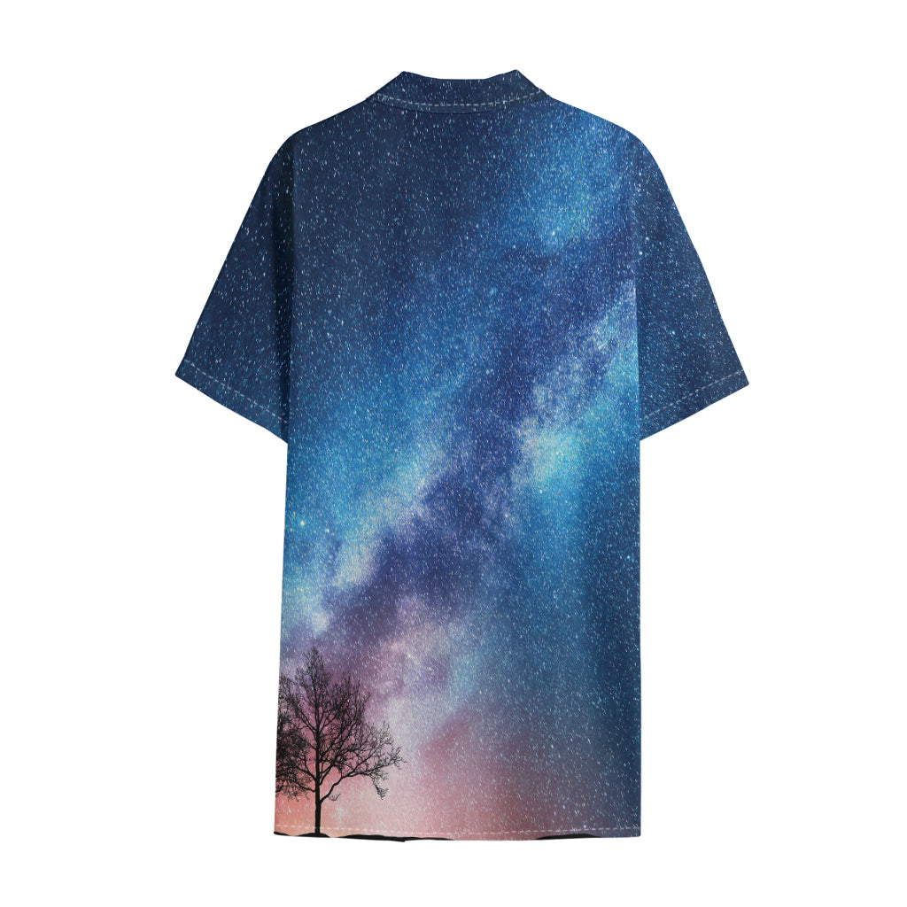 Night Sky Milky Way Print Cotton Hawaiian Shirt