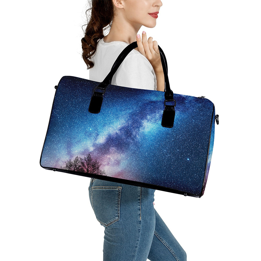 Night Sky Milky Way Print Leather Duffle Bag