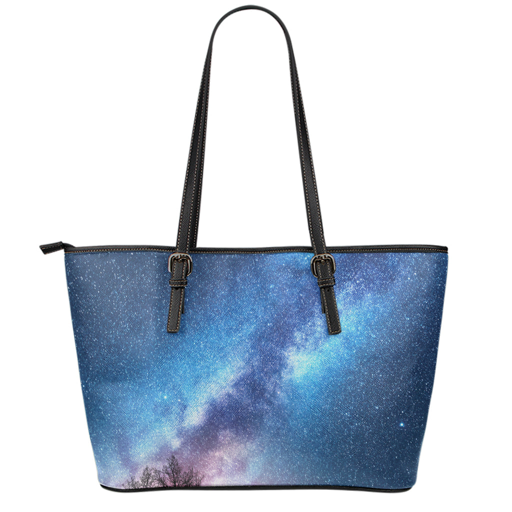 Night Sky Milky Way Print Leather Tote Bag