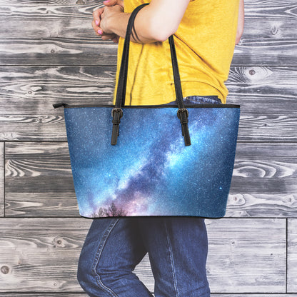 Night Sky Milky Way Print Leather Tote Bag