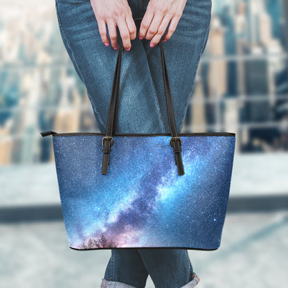 Night Sky Milky Way Print Leather Tote Bag