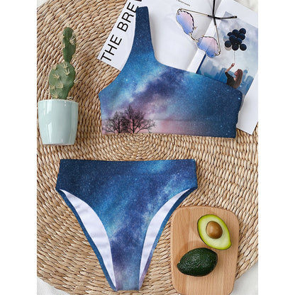 Night Sky Milky Way Print One Shoulder Bikini Top