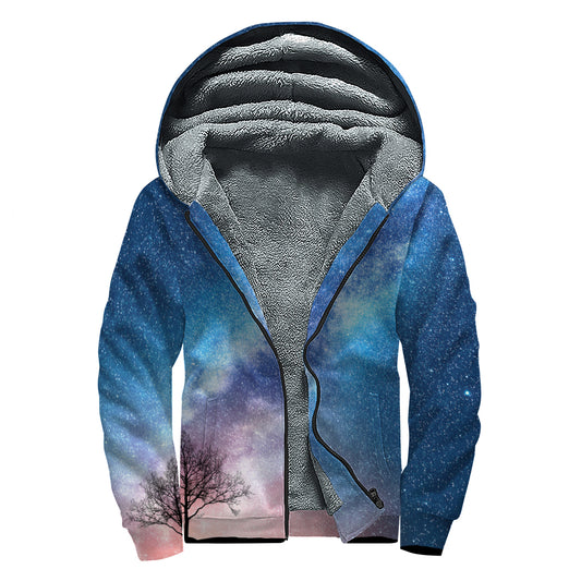 Night Sky Milky Way Print Sherpa Lined Zip Up Hoodie