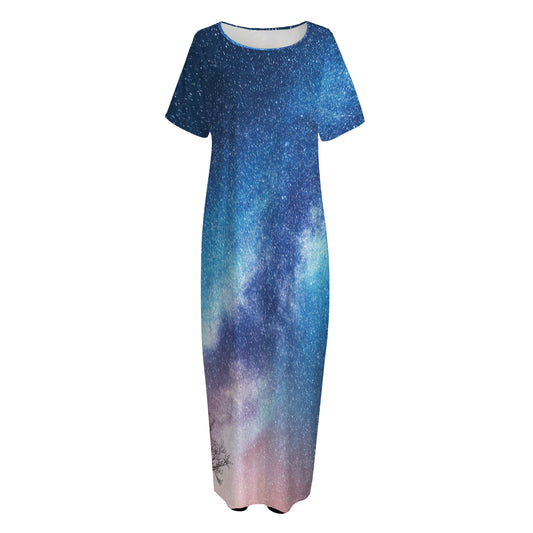 Night Sky Milky Way Print Short Sleeve Long Nightdress
