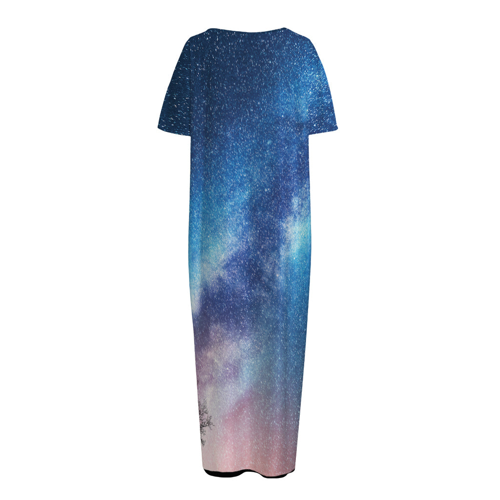 Night Sky Milky Way Print Short Sleeve Long Nightdress