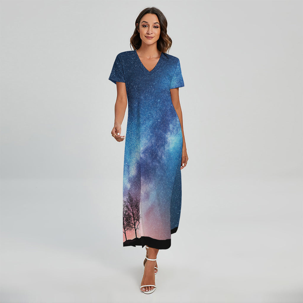 Night Sky Milky Way Print Short Sleeve Maxi Dress