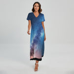 Night Sky Milky Way Print Short Sleeve Maxi Dress