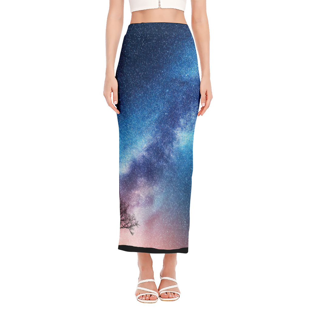 Night Sky Milky Way Print Side Slit Maxi Skirt