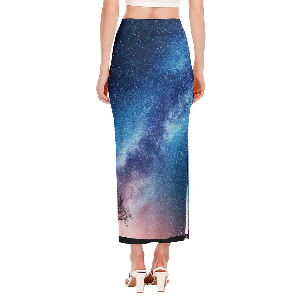 Night Sky Milky Way Print Side Slit Maxi Skirt