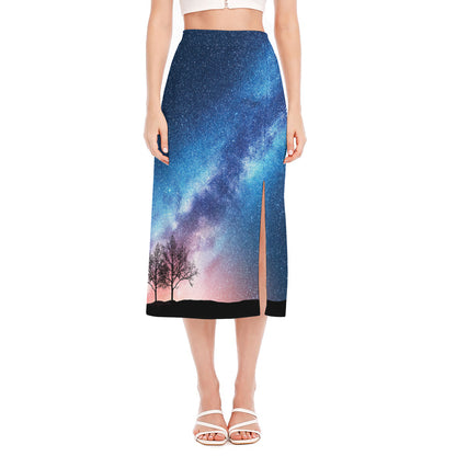 Night Sky Milky Way Print Side Slit Midi Skirt