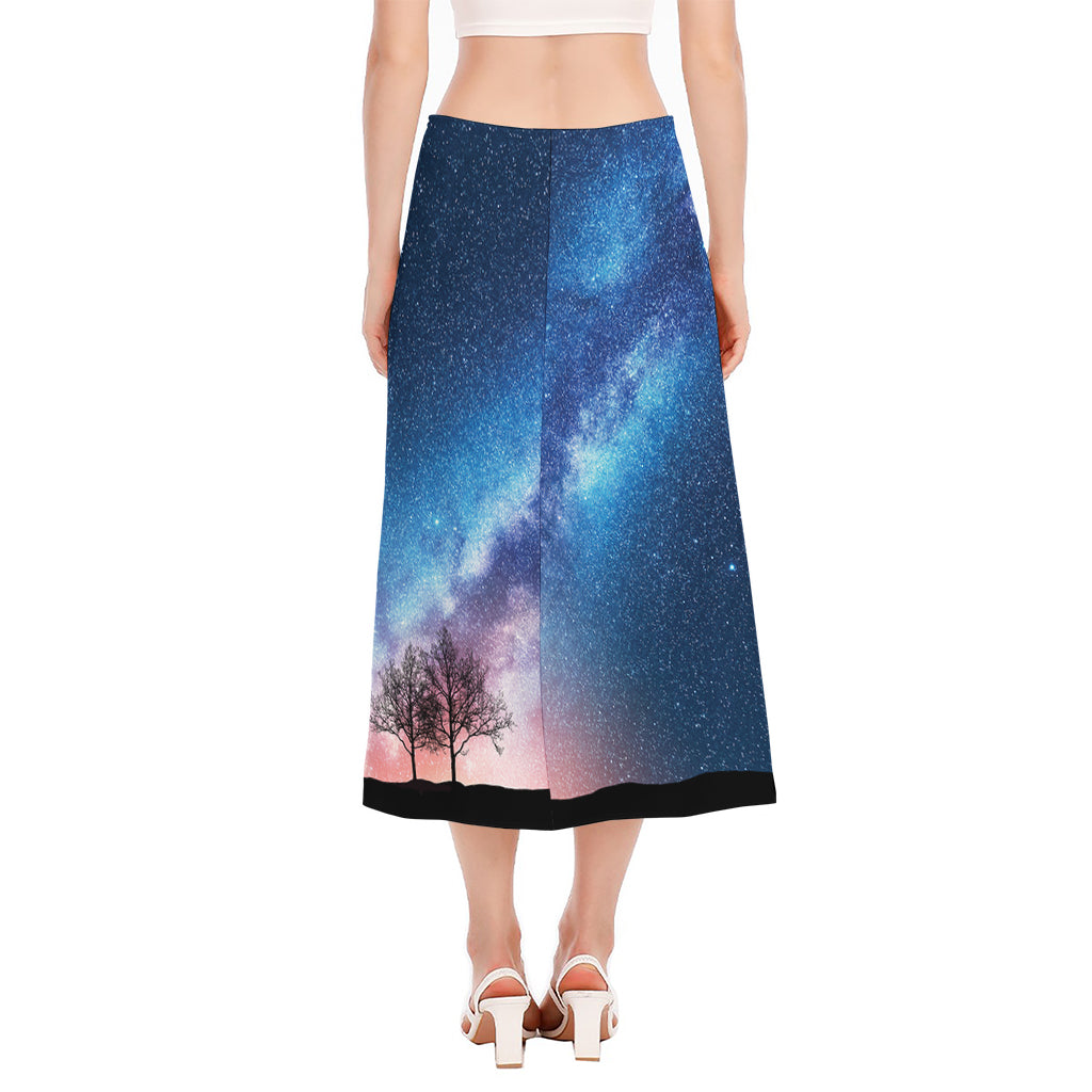 Night Sky Milky Way Print Side Slit Midi Skirt