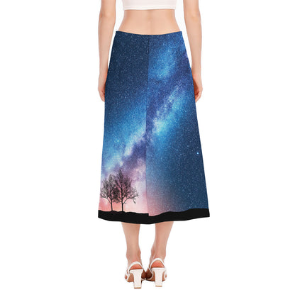 Night Sky Milky Way Print Side Slit Midi Skirt