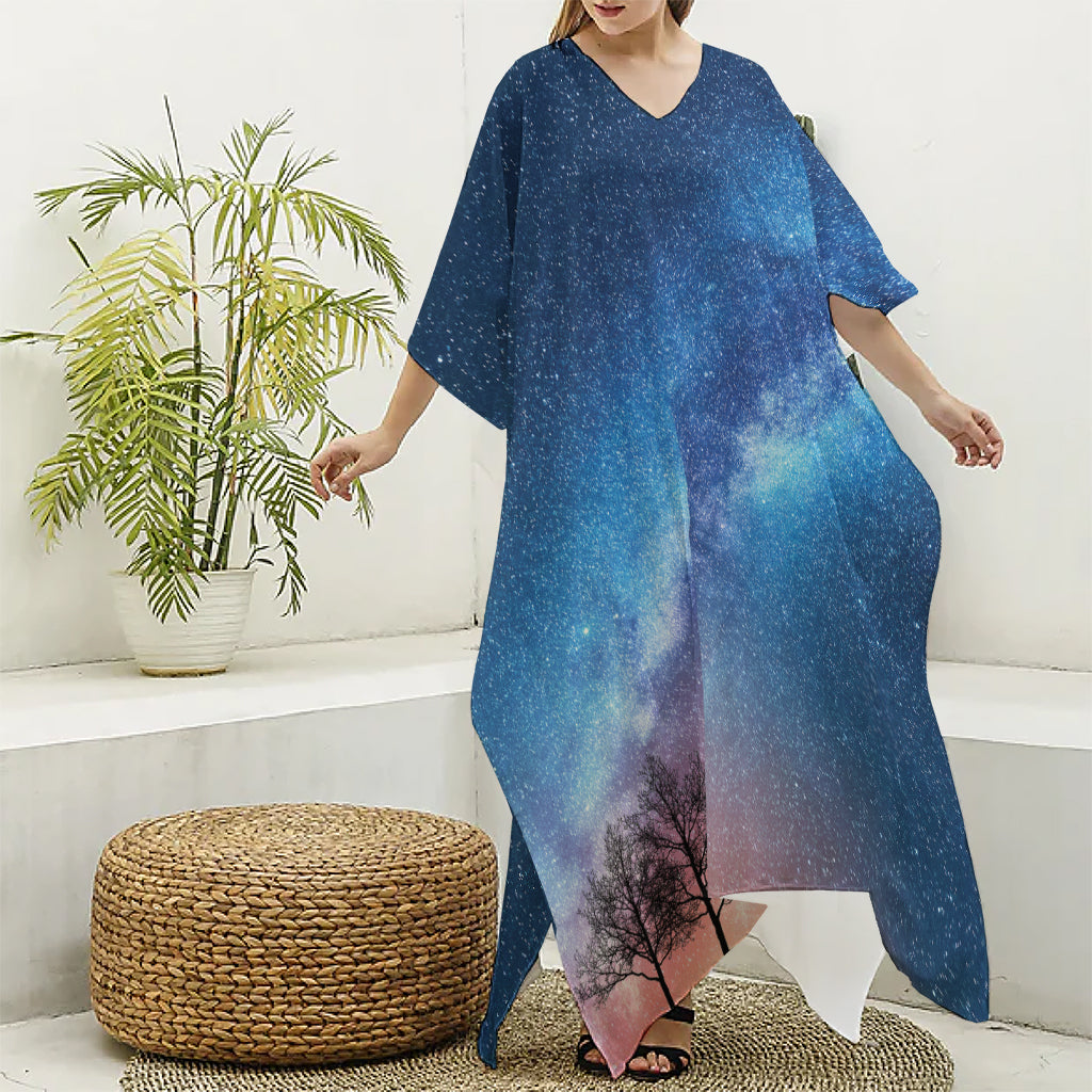 Night Sky Milky Way Print Silk V-Neck Kaftan Dress