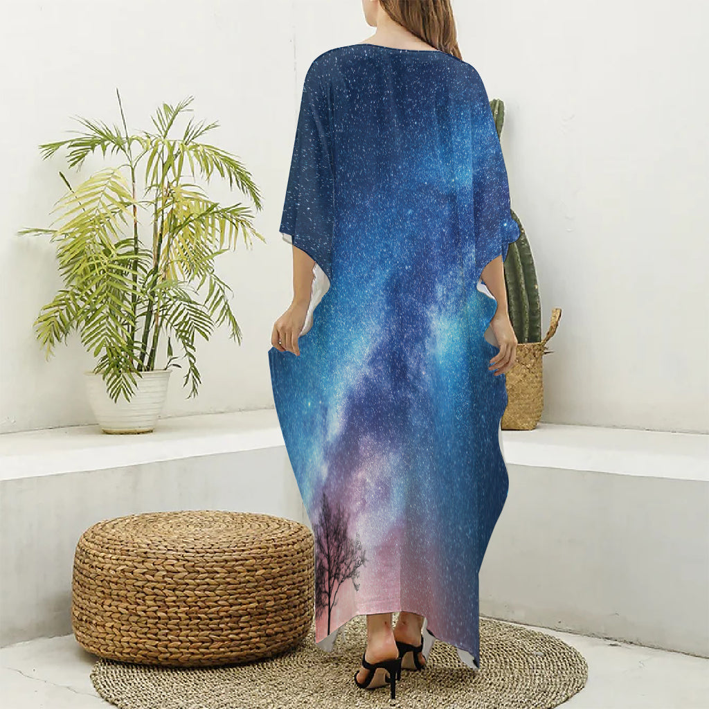 Night Sky Milky Way Print Silk V-Neck Kaftan Dress